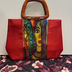 Artistic Red Tote Satiny Bag with Double Handles
